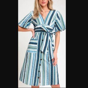 Moon River Tahani Blue and White Striped Midi Dress - Small